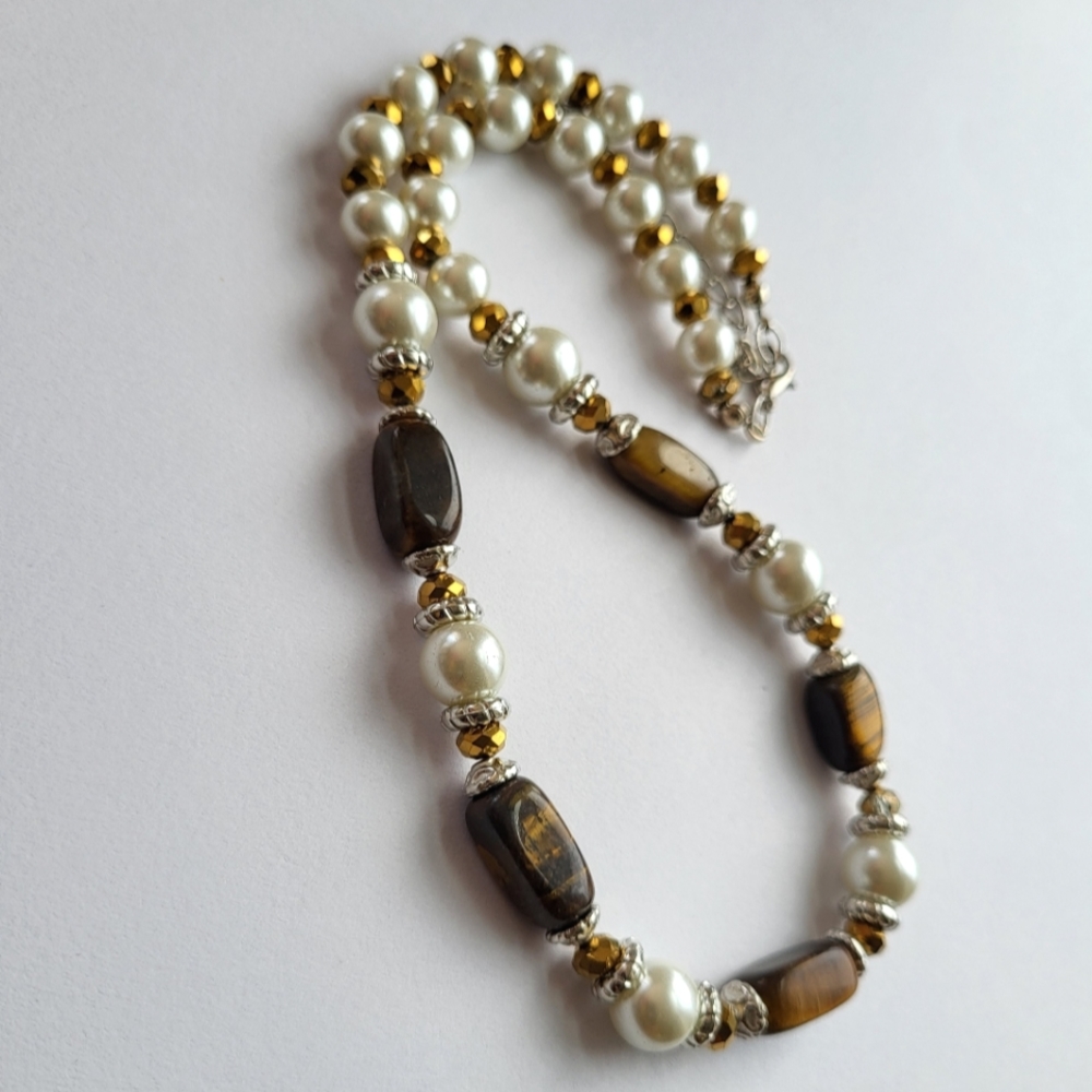 genuine tiger eye with glass pearls crystal necklace